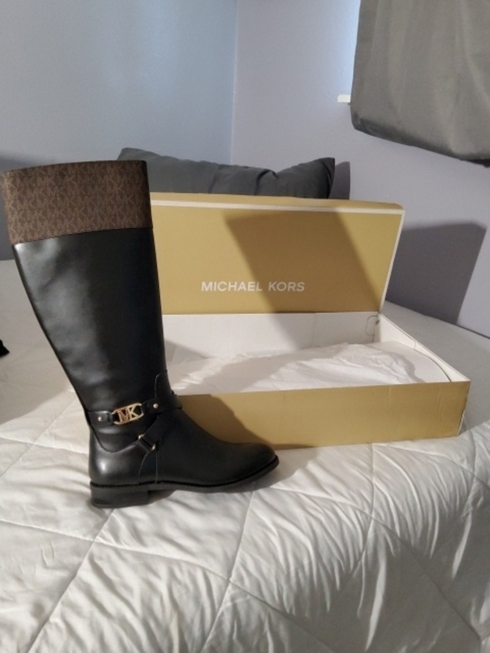 Michael Kors Black Leather Riding Boots with Brown MK Canvas Cuff